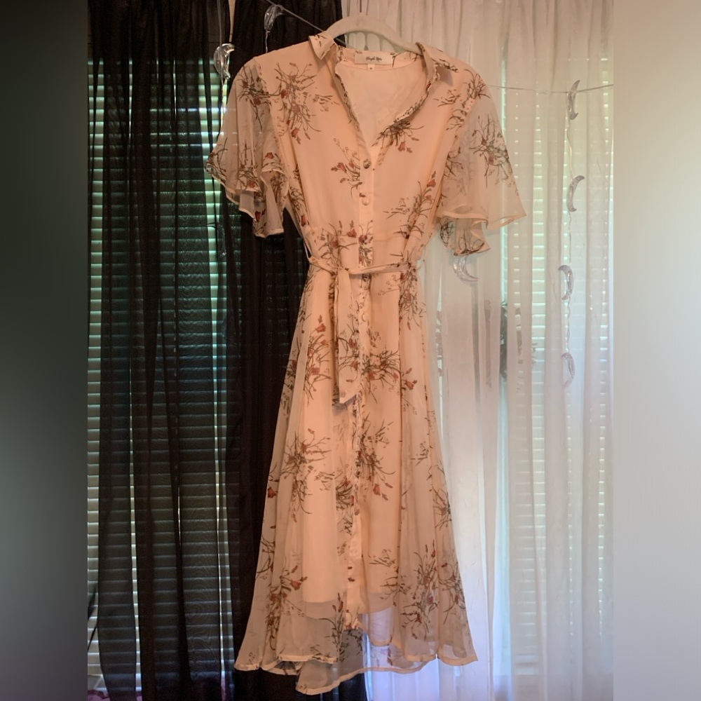 XS Simple Retro Floral Button-Up Midi Dress